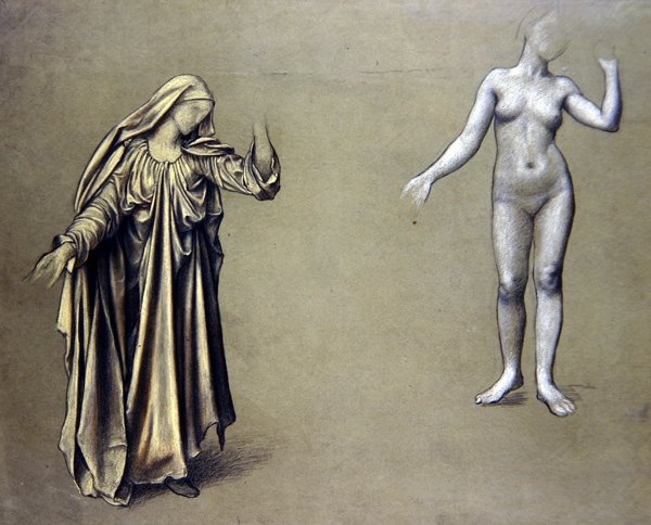 Draperet figurstudie med tilhørende nøgen (farvet kridt på papir) af Evelyn De Morgan