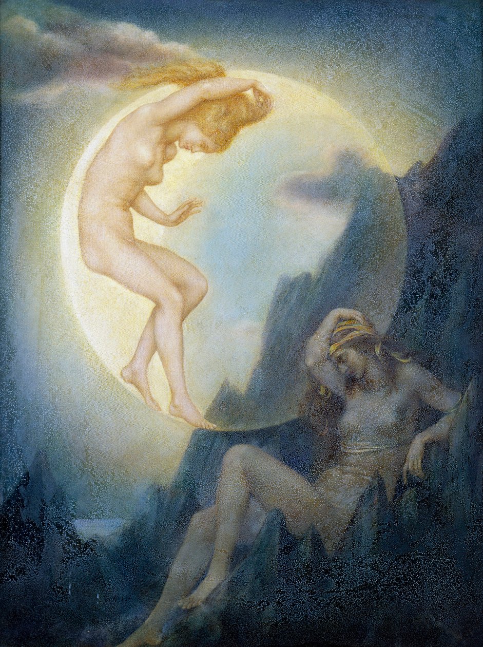 Symbolisme: "La Terre endormie et la Lune se reveillant" (Den sovende jord og den vågnende måne) Peinture de Evelyn De Morgan (1855-1919) (prærafaelit) Collection privee af Evelyn De Morgan