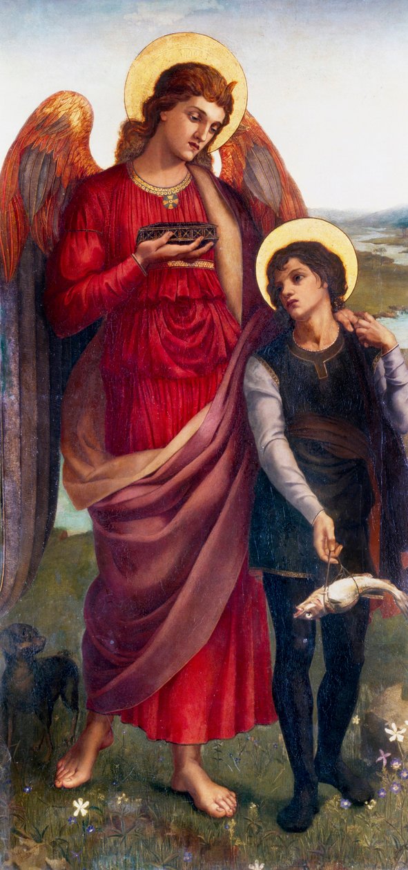 "Tobias and the Archangel Raphael" Tobias, der har fået til opgave af sin blinde far at finde fiskegallen, ledsages af ærkeenglen Raphael. Maleri af Evelyn De Morgan (1855-1919) (prerafaelit) 1875 Privat samling af Evelyn De Morgan