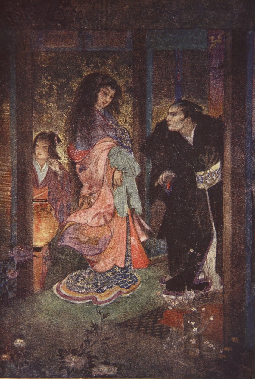 Shinzaburo genkendte Tsuyu og hendes tjenestepige Yone, illustration fra 