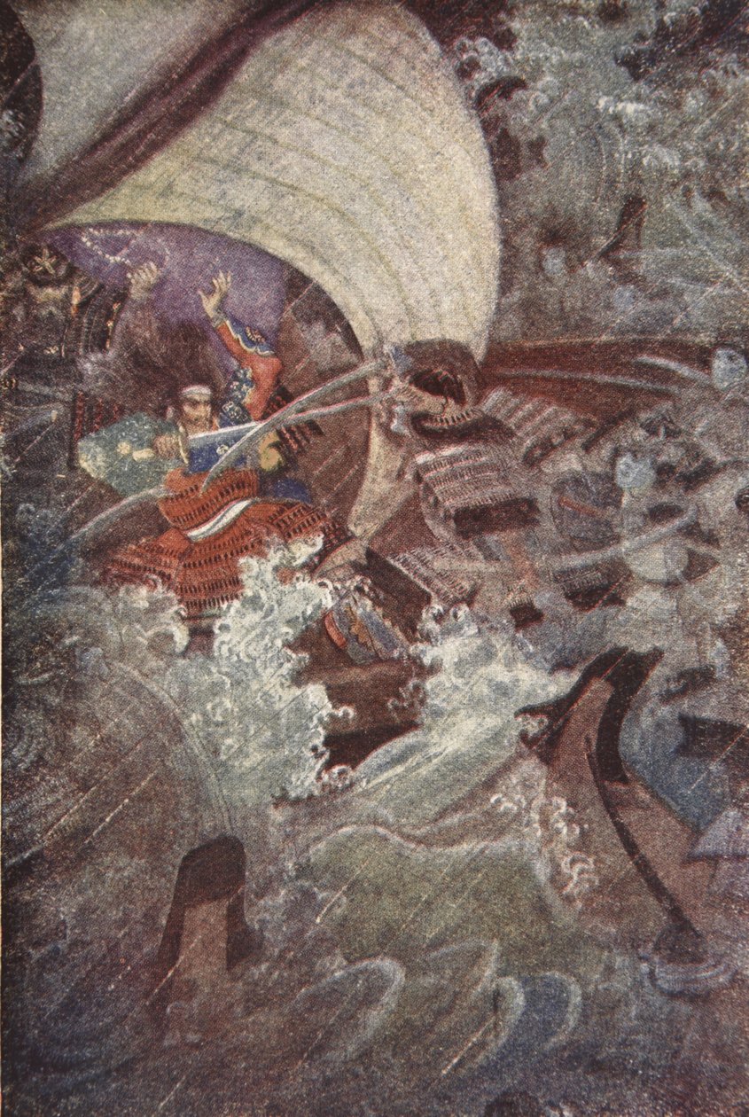 Yoshitsune og Benkei angrebet af et spøgelsesagtigt selskab af Taira-klanen, illustration fra 