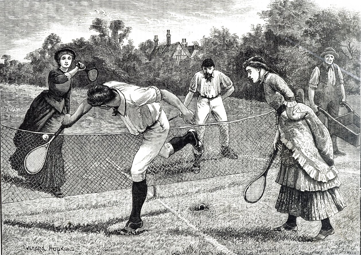 Gravering af en venskabelig double-tenniskamp af Everard Hopkins