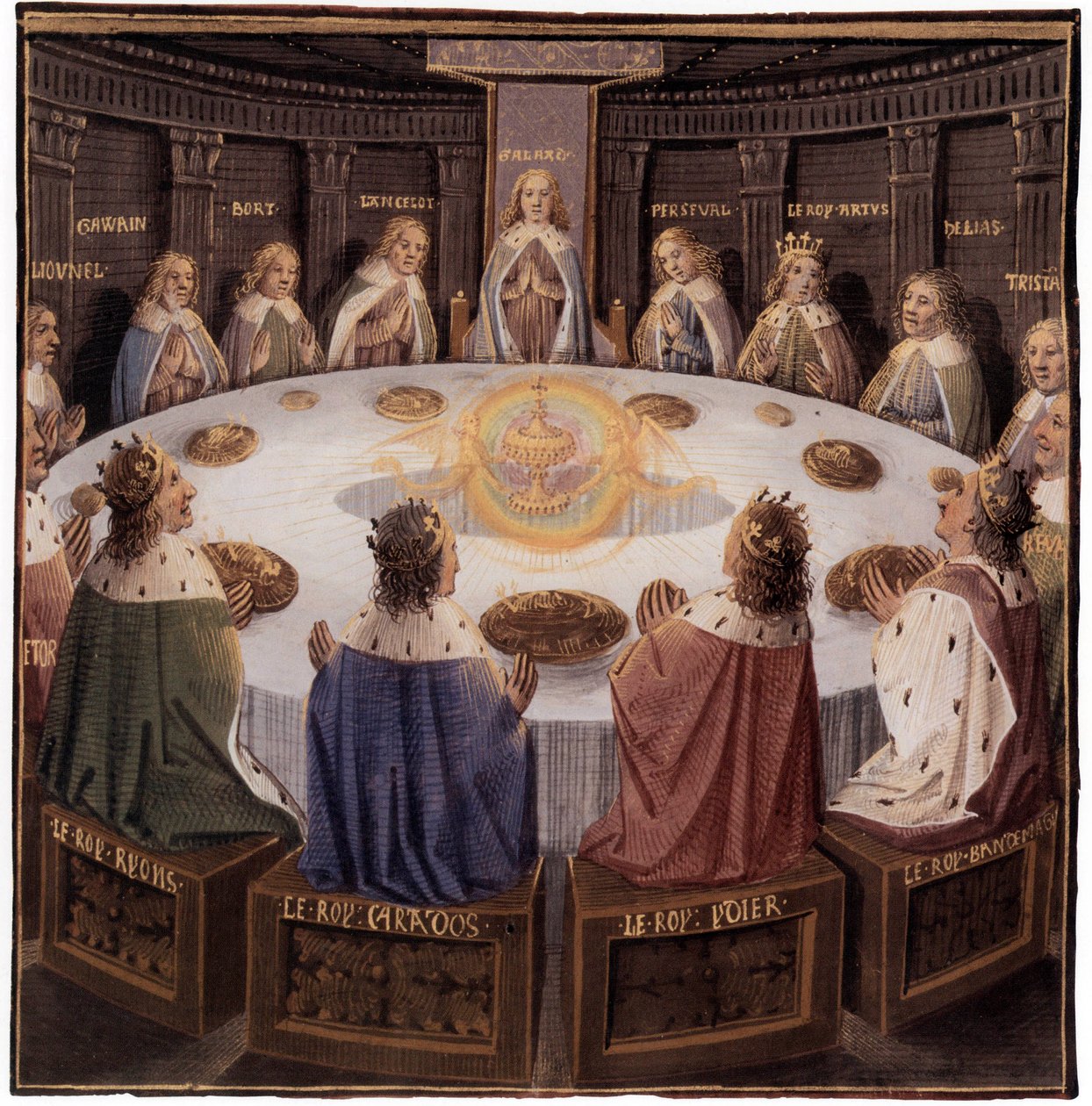 Arthurlegende: ridderne af det runde bord: Galaad (Galahad) på sædet Farligt, den hellige gral dukker op, belysning af Evrard d