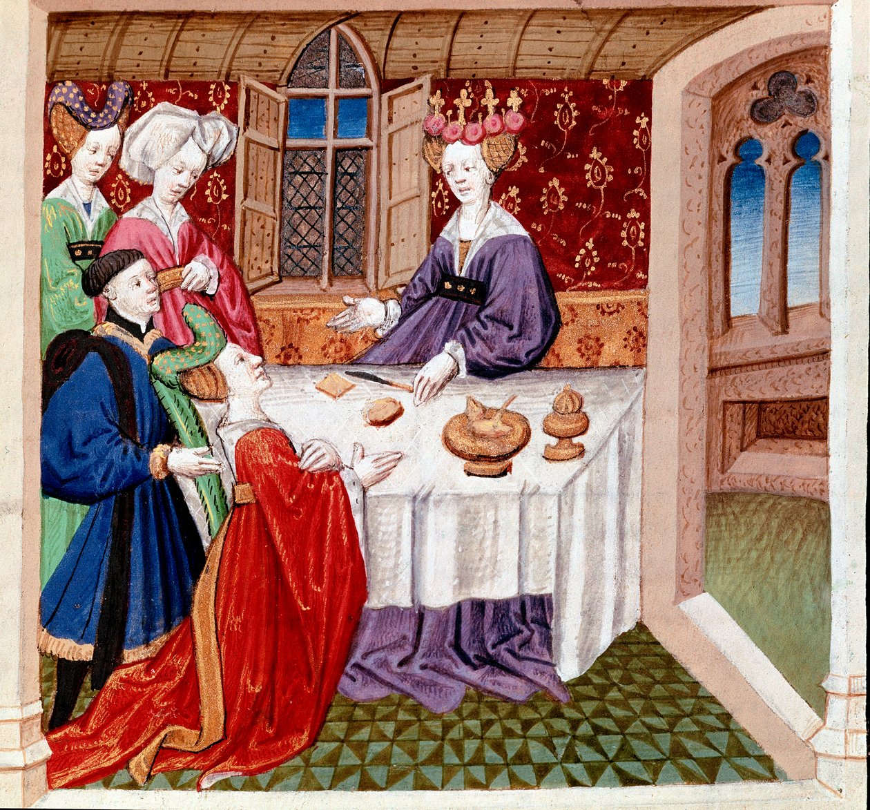 Iseult (eller Iseult) bønfalder om beskyttelse af dronning Guenevre, der sidder ved hendes bord. Miniature taget fra "" Romanesque du Chevalier Tristan et de la reine Yseult"" af Gassien de Poitiers belyst af Everard de Espinques (Evrard d