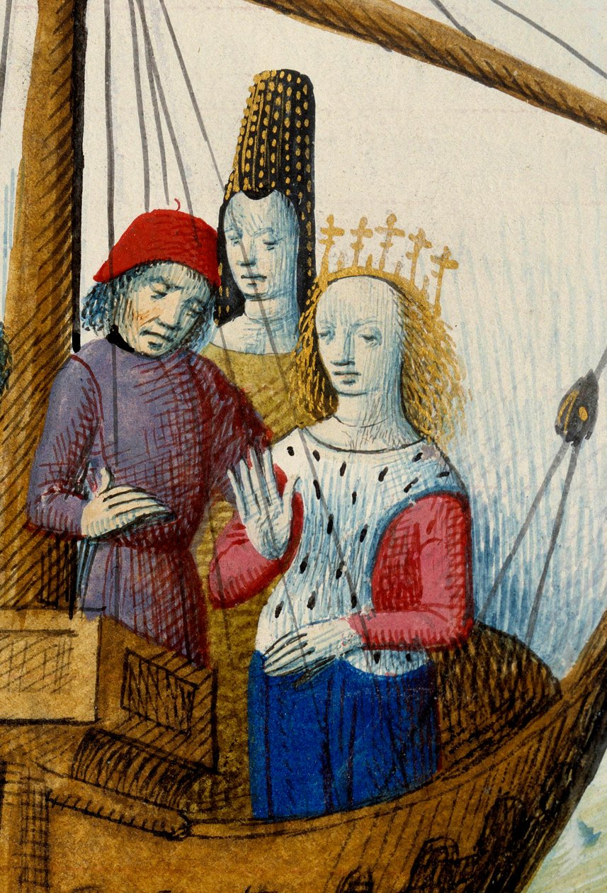 Dronning Iseult (Iseult) af Tristan og de gik om bord til riget Logres Miniature taget fra "" Romanesque du Chevalier Tristan og Queen Yseult"" af Gassien de Poitiers oplyst af Everard de Espinques (Evrard d