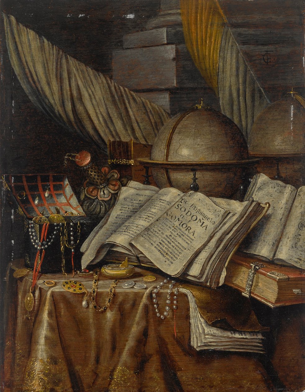 Vanitas-stilleben med en globus, bøger og en æske med juveler, der alle hviler på et draperet bord af Evert Collier