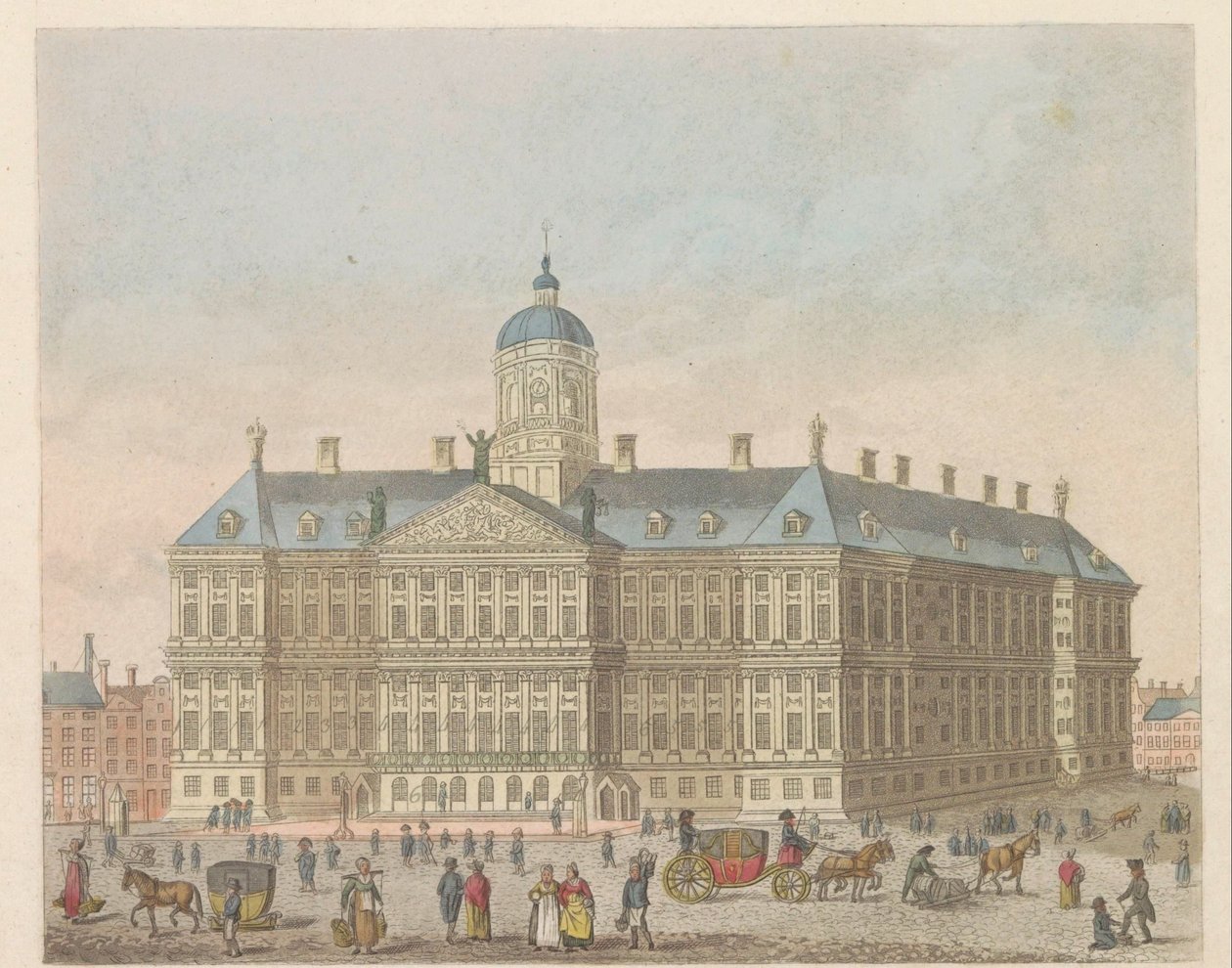Kongeslottet på Dam-pladsen, ca. 1810-1813 Vue du Palais Roijal, et de la Place le Dam (titel på objekt) af Evert Maaskamp