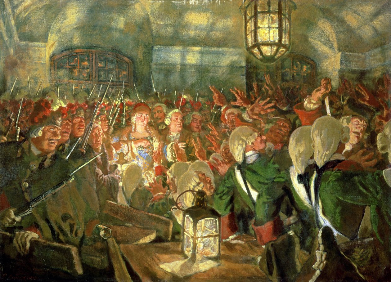 Storhertuginde Elizabeth med vagter under statskuppet i 1741 af Evgeni Evgenievitch Lanceray