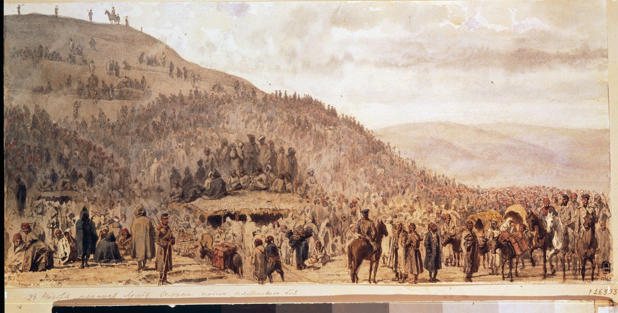 Fangenskabet af Osman Pashas hær (1837-1900) i Pleven (Plevna) (Bulgarien). (The Captivity of The Army of Osman Pasha at Pleven). Episode af den russisk-tyrkiske krig (1877-1878). Værk af Evgeni Kirillovich Makarov (1842-1884), akvarel på papir af Evgeni Kirillovich Makarov