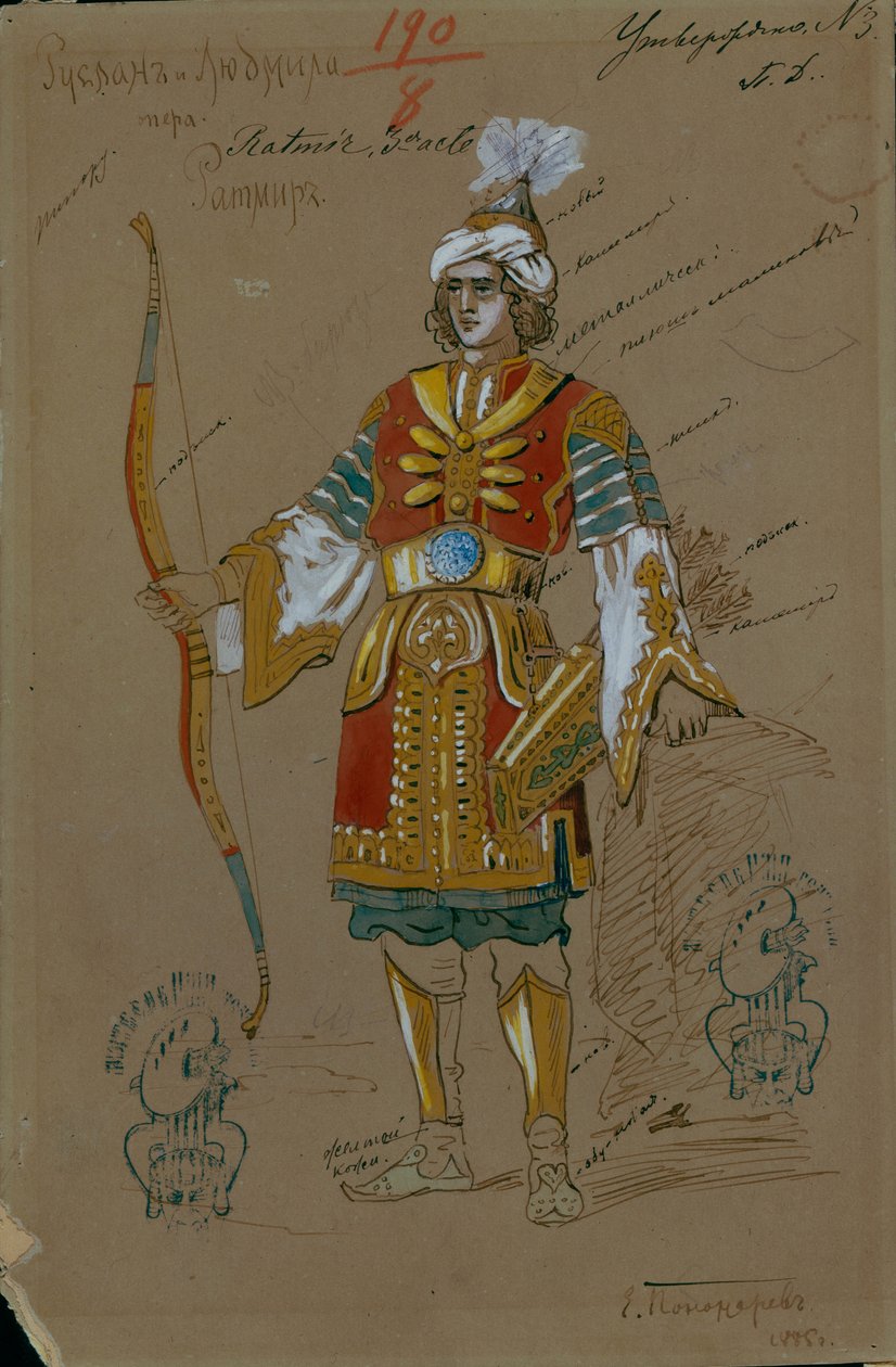 Kostumedesign til operaen Ruslan og Lyudmila af M. Glinka, 1885 af Evgeni Petrovich Ponomarev