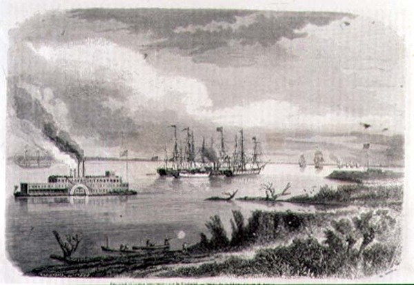 En dampbåd og en slæbebåd på Mississippi, graveret af Stephane Pannemaker (1847-1930) (gravering) af Evremond de (after) Berard