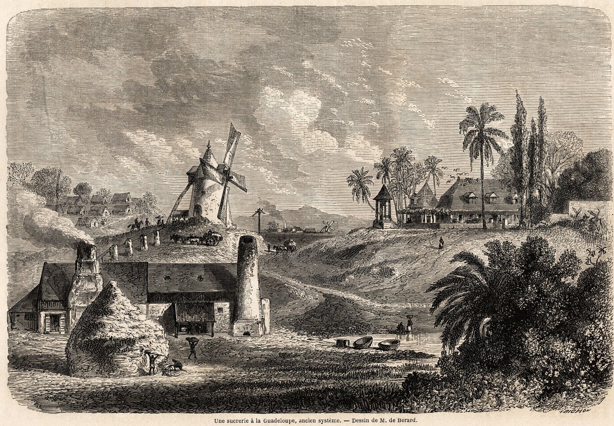 En sukkerfabrik i Guadeloupe, tegning af Auguste de Berard (1824-1881), for at illustrere rejserne til Vestindien, i 1858-1859, af Anthony Trollope (1815-1882). Indgravering i "" Le tour du monde, nouveau journal des voyages"" Paris af Evremond de (after) Berard
