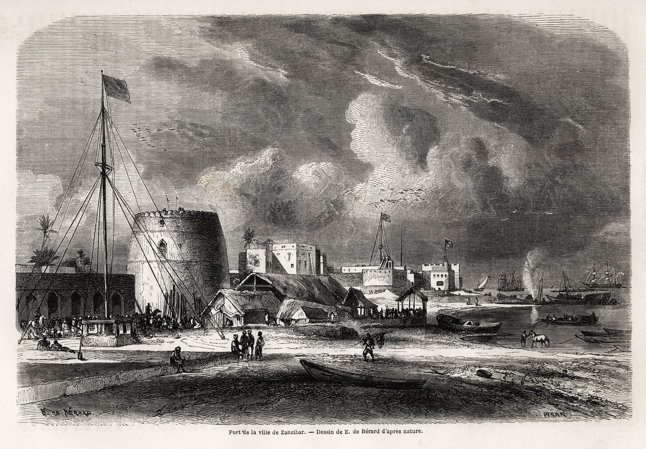 Havn i byen Zanzibar (nuværende Tanzania), tegning af Evremond de Berard (1824-1881), for at illustrere kaptajn Burtons rejse til de store søer i Østafrika i 1857-1859. Indgravering i "" Le tour du monde, nouveau journal des voyages"" Paris af Evremond de (after) Berard