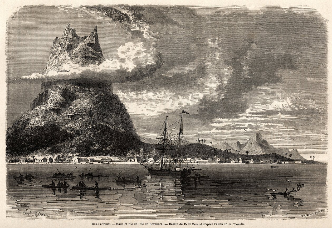 Rade og toppen af øen Borabora, tegning af Evremond Auguste de Berard (1824-1881), for at illustrere en naturforskers rejse i Galapagos-øgruppen og koraløerne, i 1858 af Charles Darwin (1809-1882). Indgravering i "" Le tour du mond af Evremond de (after) Berard