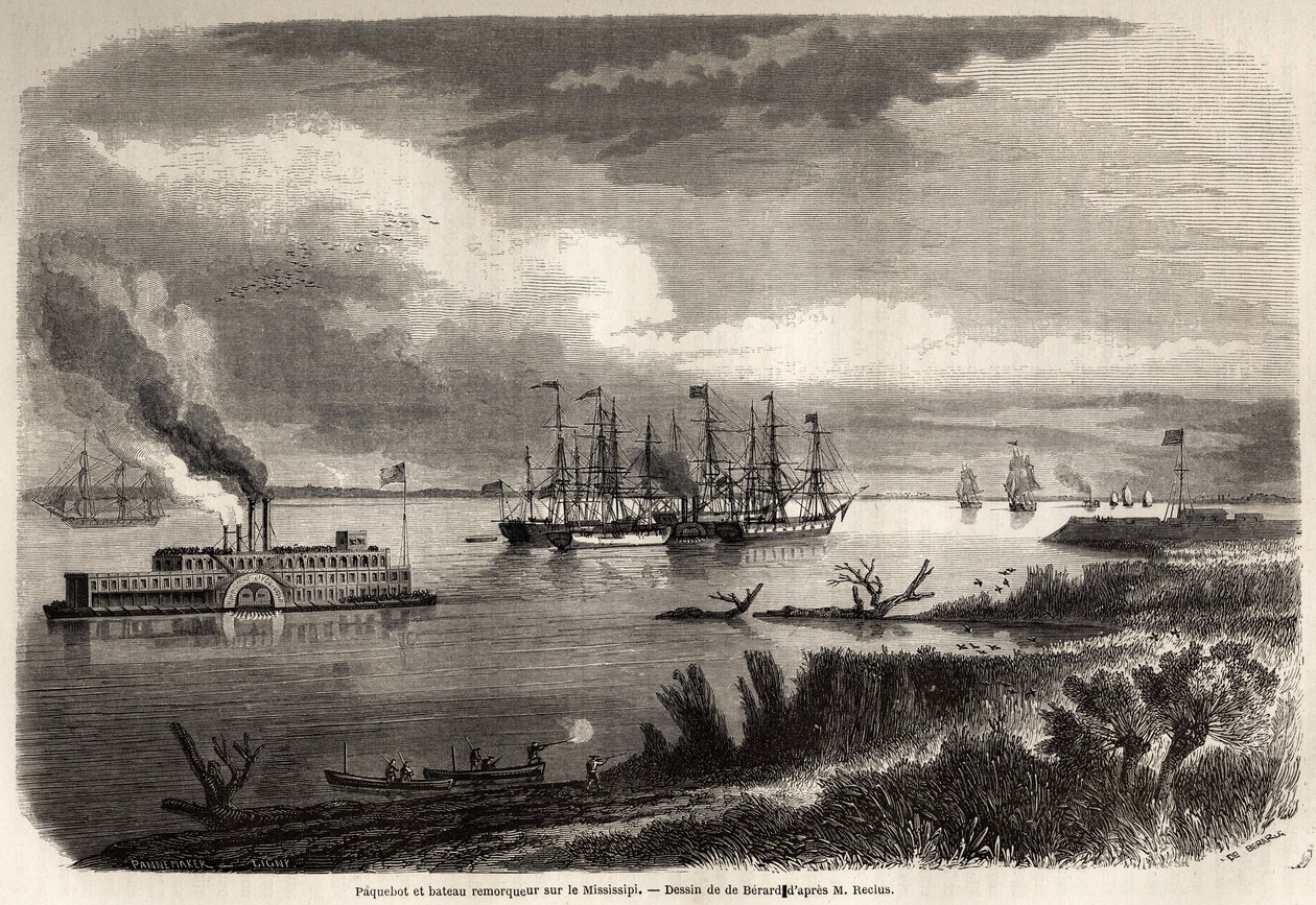 Skib og slæbebåd på Mississippi, tegning af Evremond Auguste de Berard (1824-1881), for at illustrere rejsen til New Orleans i 1855 af Elysee (Elisee) Reclus (1830-1905). Indgravering i "" Le tour du monde, nouveau journal des voyages"" Paris af Evremond de (after) Berard