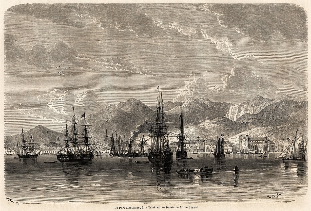 Spaniens havn, i Trinidad (Trinidad og Tobago), tegning af Evremond Auguste de Berard (1824-1881), for at illustrere rejserne til Vestindien, i 1858-1859, af Anthony Trollope (1815-1882). Indgravering i "" Le tour du monde, nouveau journal des voya af Evremond de (after) Berard