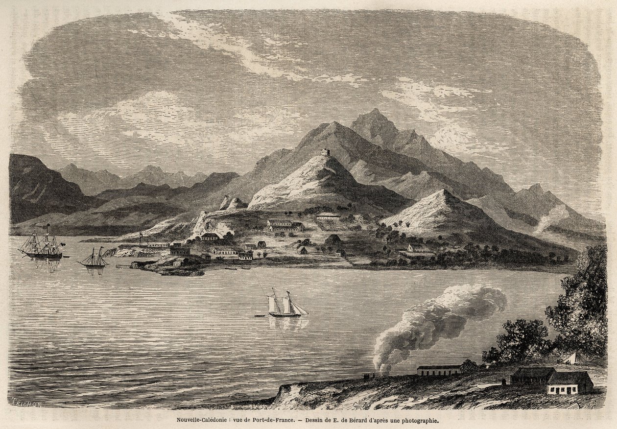 Udsigt over Port of France, Ny Kaledonien, tegning af Evremont de Berard (1824-1881), til illustration af Victor de Rochas