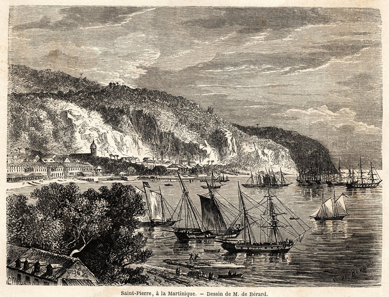 Udsigt over Saint Pierre på Martinique, tegning af Auguste de Berard (1824-1881), for at illustrere rejserne til Vestindien, i 1858-1859, af Anthony Trollope (1815-1882). Gravering i "" Jorden rundt, ny rejsejournal"" Paris af Evremond de (after) Berard
