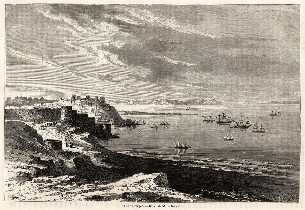 Udsigt over Tangier (Marokko), tegning af Evremond de Berard (1824-1881), for at illustrere M.F.Schicklers rejsenotater til Marokko. Indgravering i "" Le tour du monde, nouveau journal des voyages"" Paris af Evremond de (after) Berard
