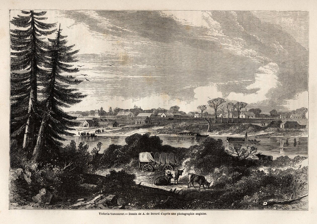 Udsigt over Victoria-Vancouver, hovedstaden i British Columbia, tegning af Auguste de Berard (1824-81), for at illustrere udforskningen af Rocky Mountains i 1857-59 af kaptajn John Palliser. Indgravering i "" Le tour du monde, nouveau journal des voyages"" af Evremond de (after) Berard