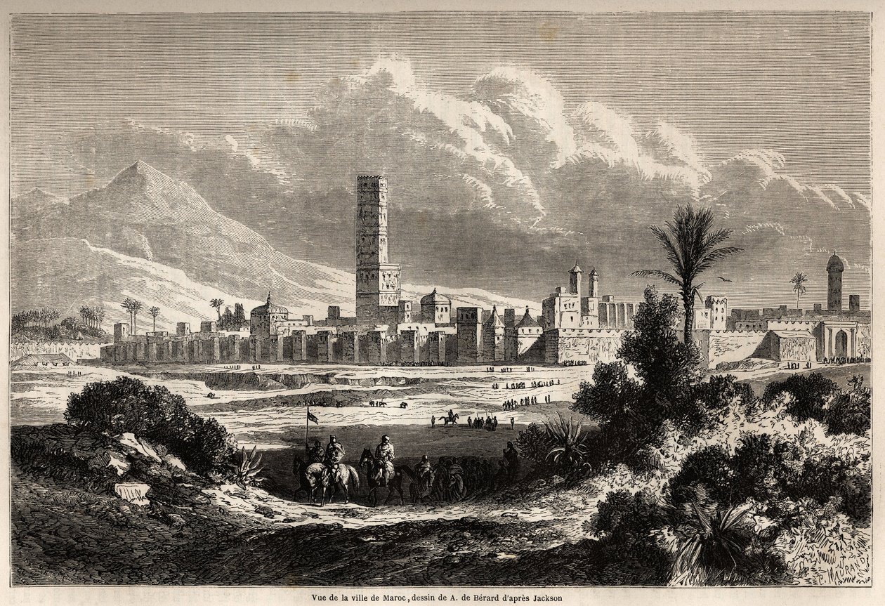 Udsigt over byen Marrakech (tidligere Marokko), tegning af Auguste de Berard (1824-1881), for at illustrere Mr.F. Schicklers rejse til Marokko i 1860. Indgravering i "" Le tour du monde, nouveau journal des voyages"" Paris af Evremond de (after) Berard