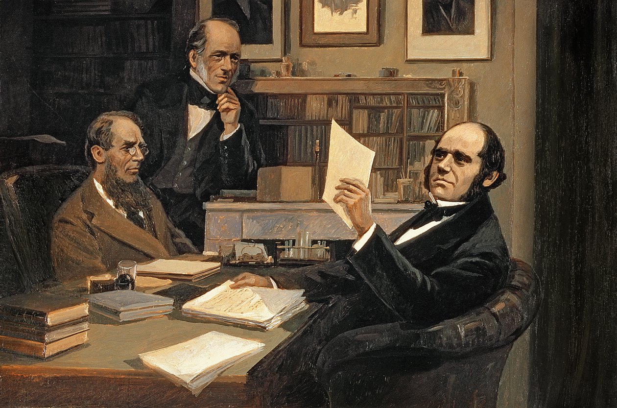 Joseph Hooker (1817-1911), Charles Lyell (1797-1875) og Charles Robert Darwin (1809-82) af Evstafieff