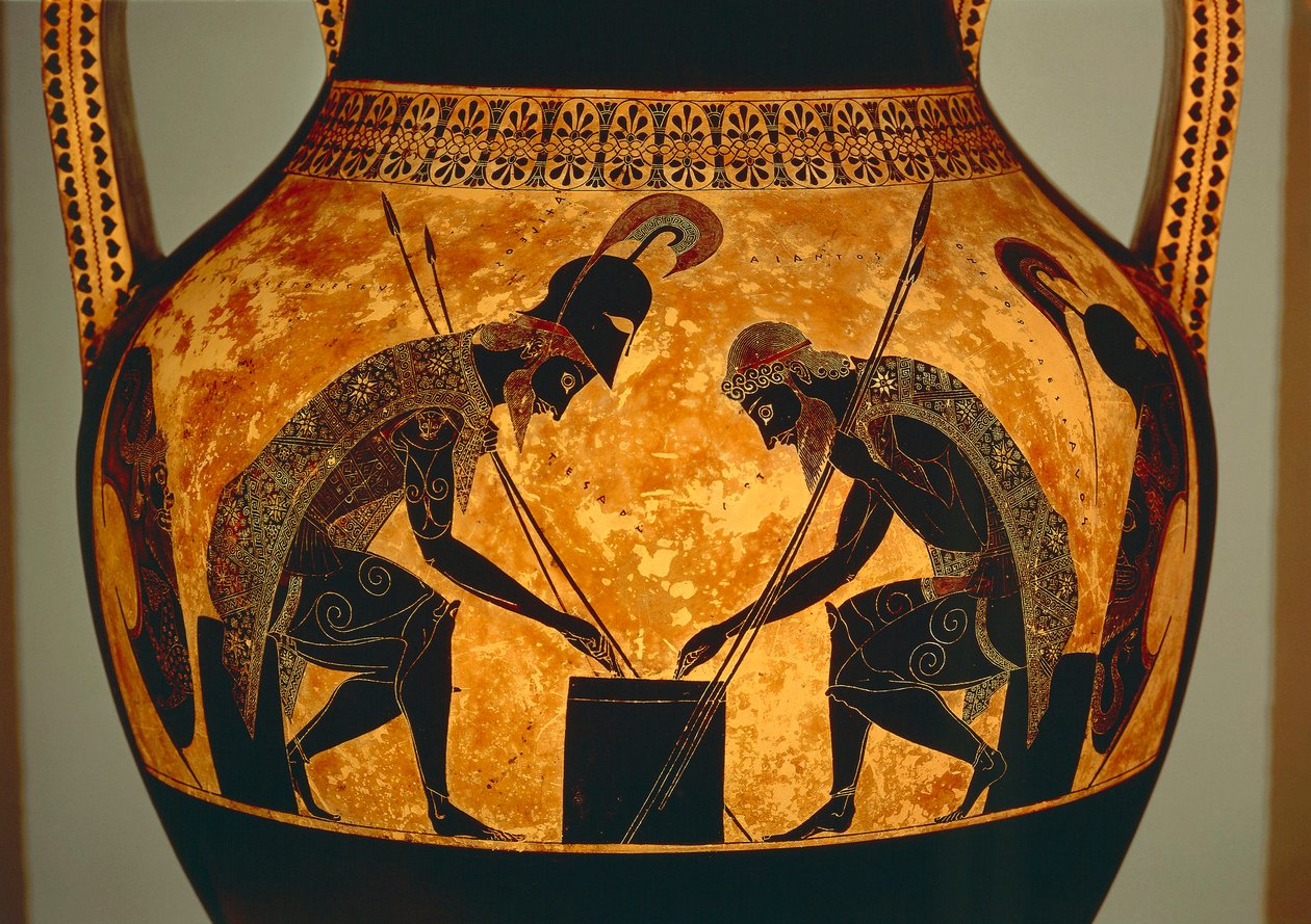 Attic sort-figur amfora forestillende Achilleus og Ajax spiller terninger, fra Vulci, ca. 540-530 f.Kr. (keramik) (detalje) af Exekias Exekias