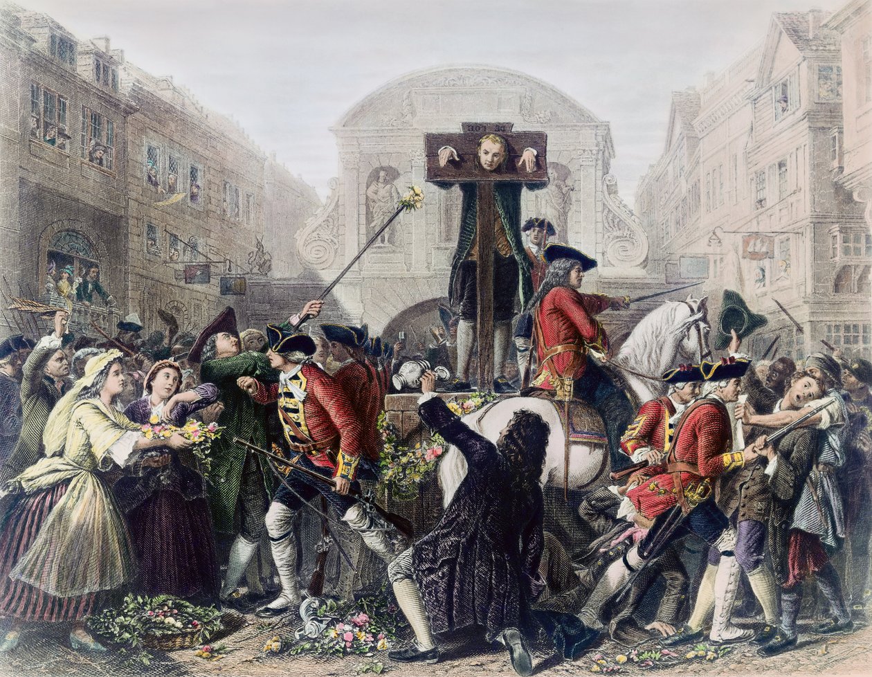 Udsigt over Daniel Defoe (1660-1731) i søjlen ved Temple Bar omgivet af en menneskemængde (se også 230551) af Eyre Crowe