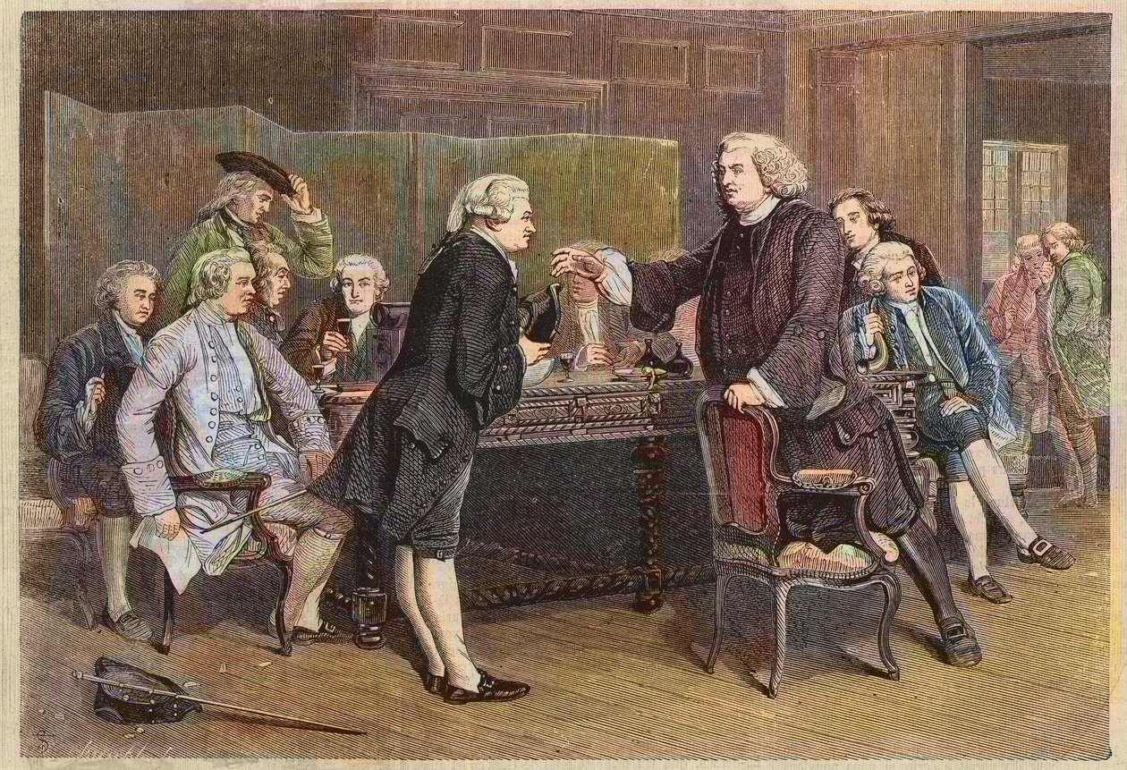 Boswells introduktion til den litterære klub - Doktor Johnson modtager Boswell i biblioteket - Indgravering efter et maleri af Eyre Crowe af Eyre (after) Crowe