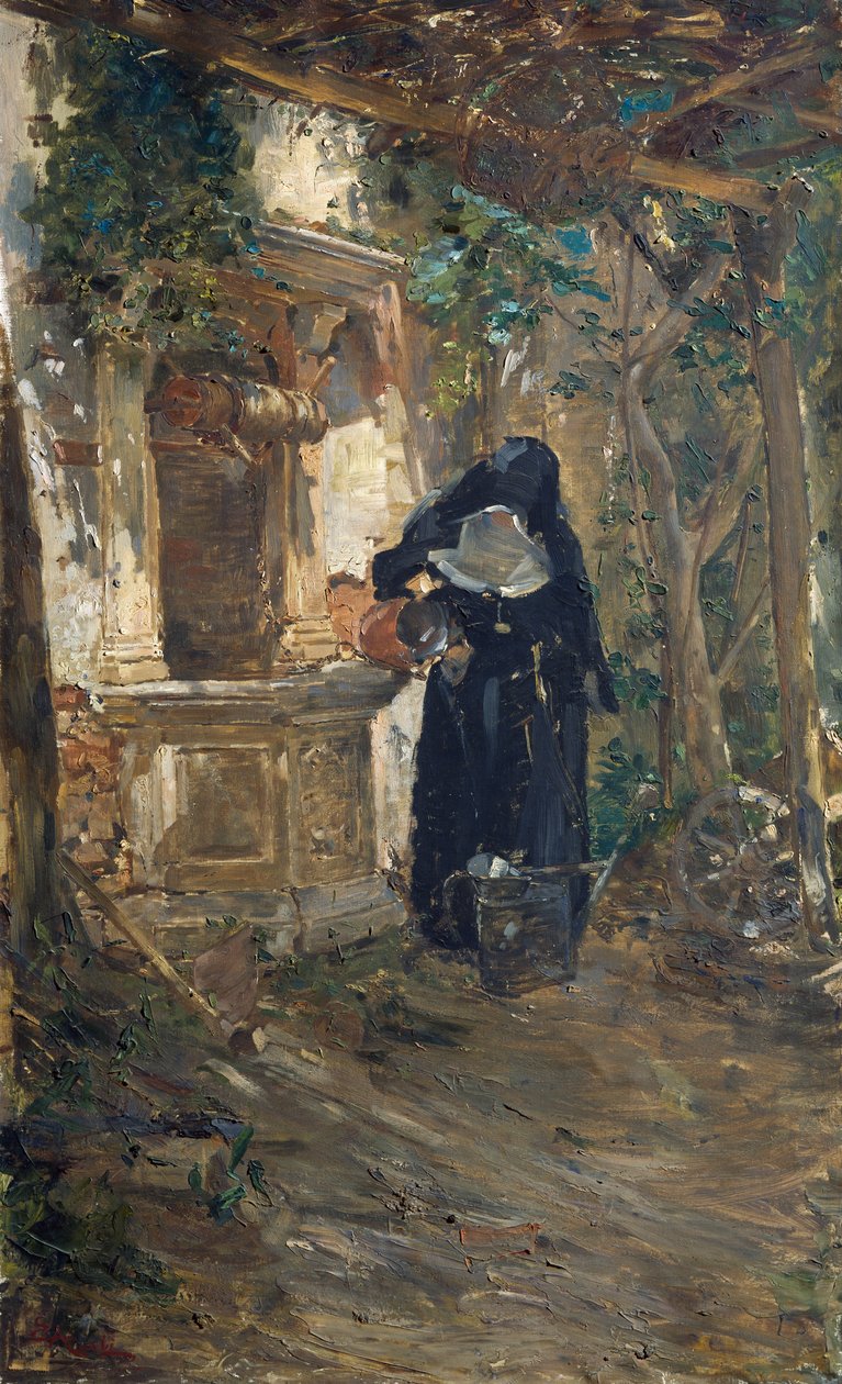 Nonne ved brønd, af Ezechiele Acerbi (1850-1920), olie på lærred, 92,5x57,5 cm af Ezechiele Acerbi