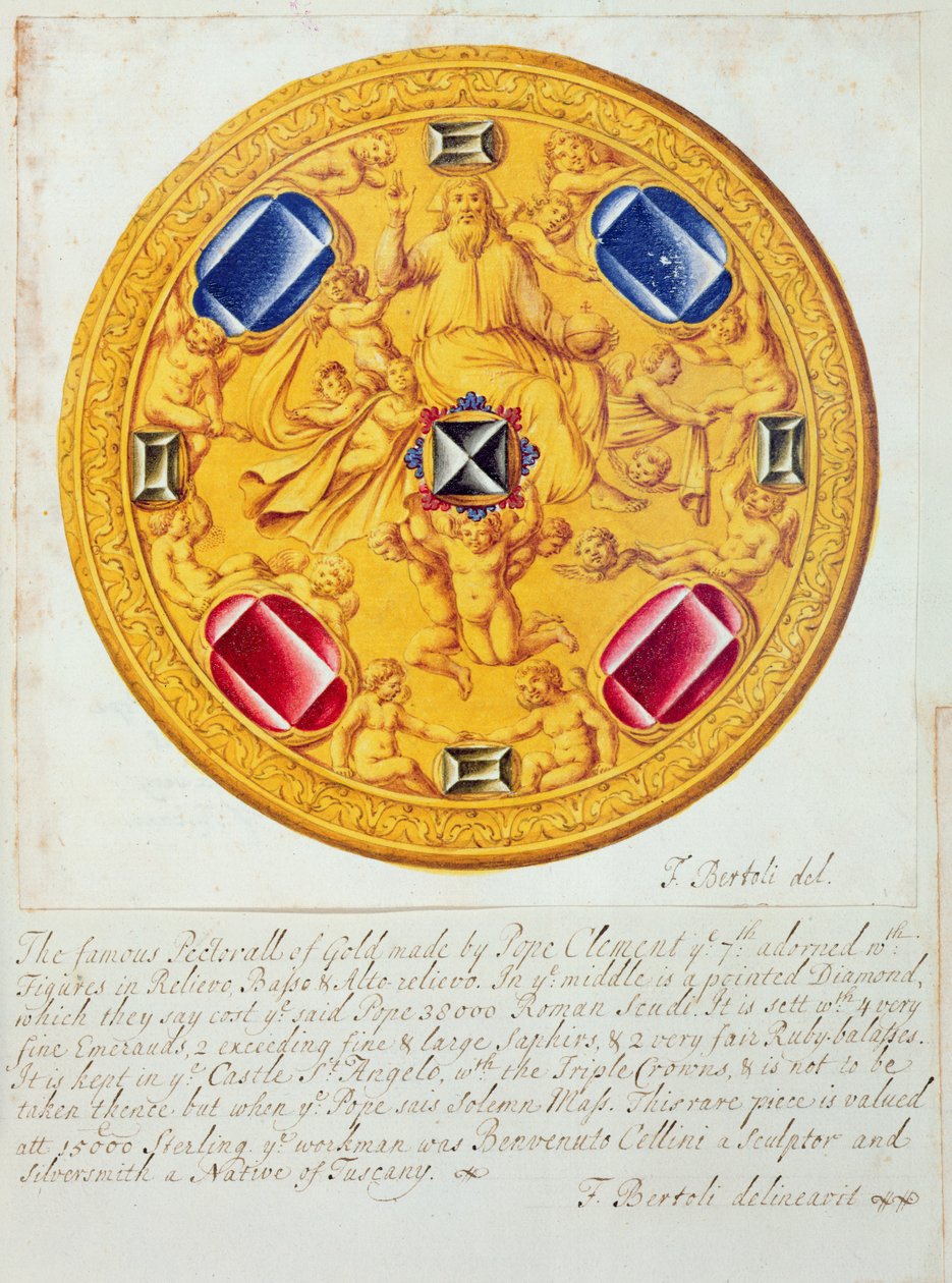 Set forfra af en pectoral ornament af guld og juveler lavet til pave Clemens VII af Cellini i ca. 1523-34, 1729 af F. Bertoli