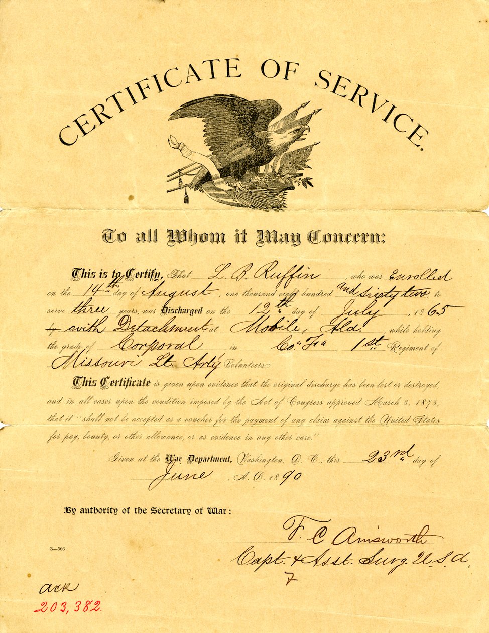Oplyser, at Ruffin blev udskrevet med løsrivelse den 12. juli 1865 fra kompagni F i det første Missouri Light Artillery, mens han havde rang som korporal af F. C. Amsworth