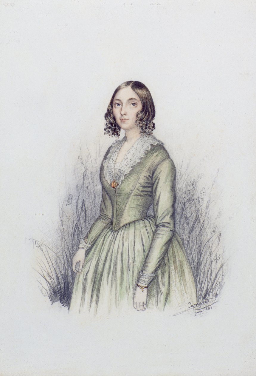 Portræt af en ung dame i en grøn kjole, 1841 (wc og blyant på papir) af F. Camaret