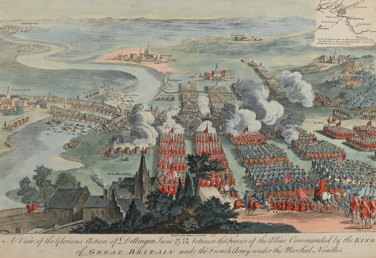 A View of the Glorious Action of Dettingen, 16.-27. juni 1743, indgraveret af I. Pano, udgivet af Robert Wilkinson, London, 1743 af F. Daremberg