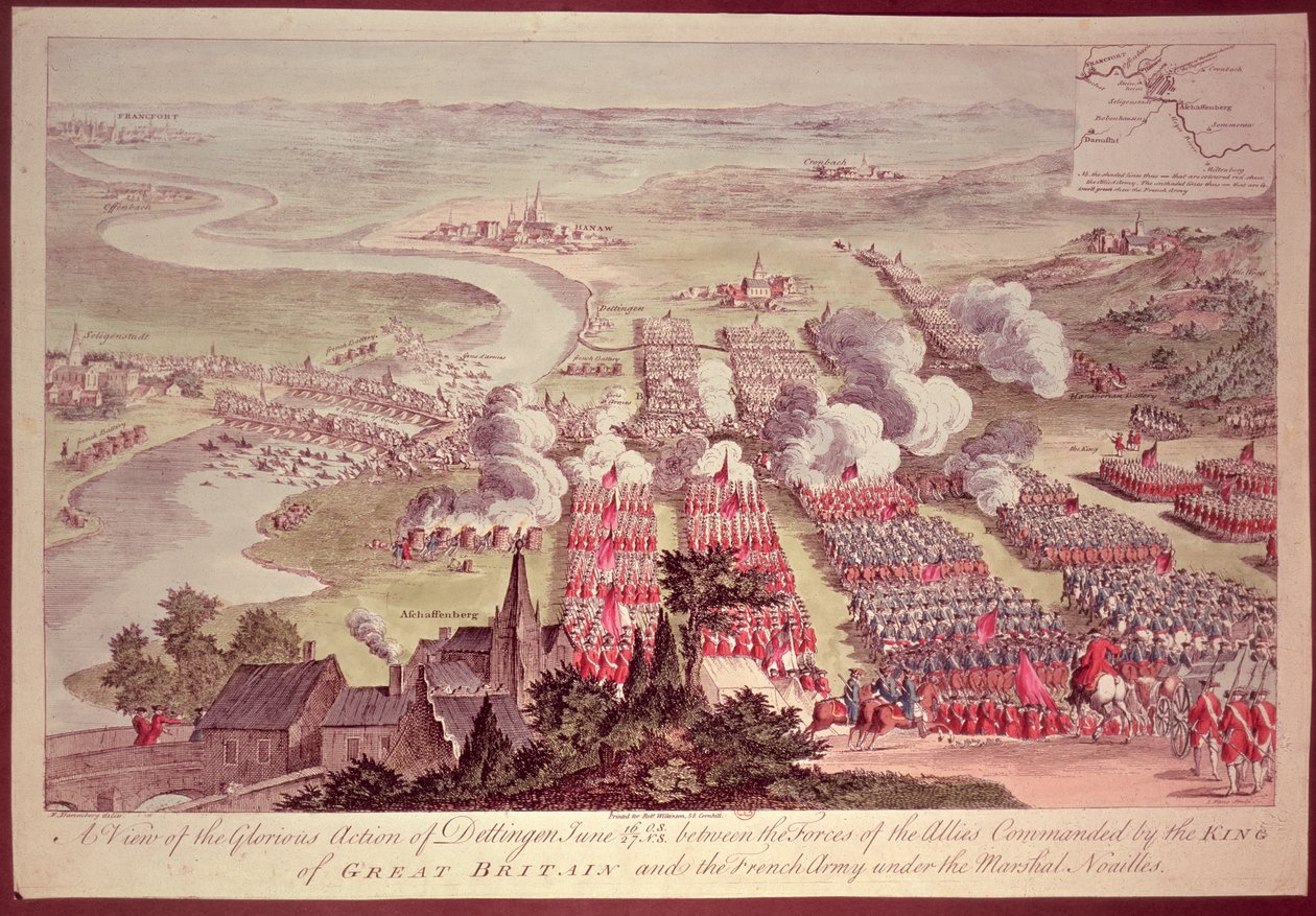 A View of the Glorious Action of Dettingen, 16-27 juni 1743, mellem de allieredes styrker under kommando af kongen af Storbritannien og den franske hær under marskal Noailles (1678-1766), gravering af F. Daremberg