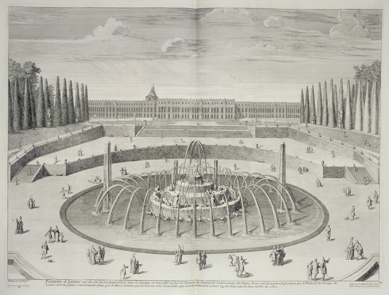 Latone-fontænen i Versailles, 1714, fra "Les Plans, Profils et Elevations des Villes et Chateau de Versailles", graveret af Gerard Jean-Baptiste Scotin (1671-1716), udgivet omkring 1715. af F. Delamonce