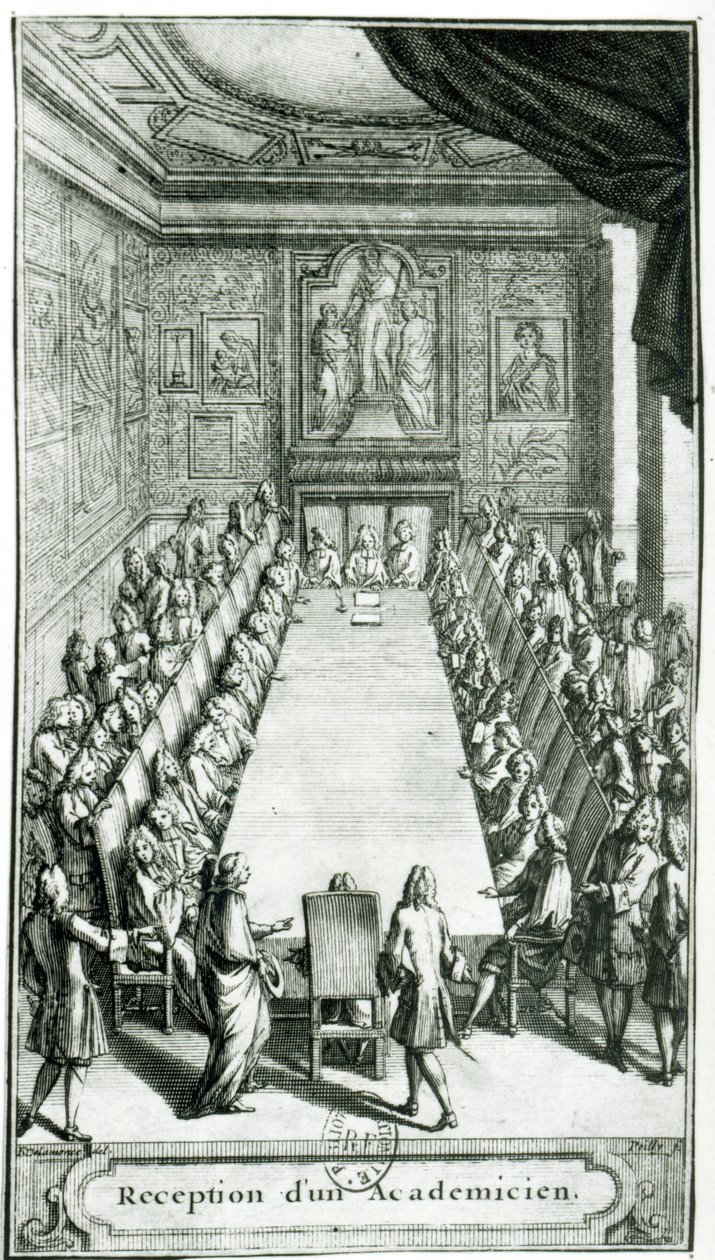 Modtagelse af et medlem af det franske akademi, graveret af Francois Poilly (1622-83) af F. Delamonce