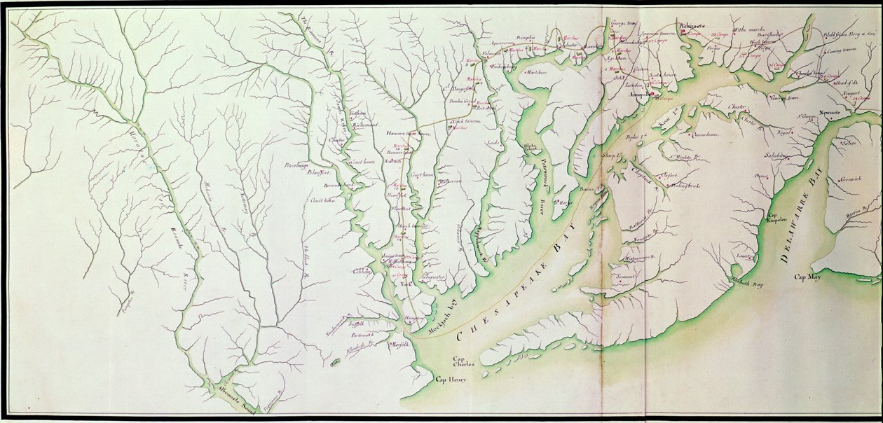 Oversigtskort over hærens lejre og march i Amerika på ordre fra Rochambeau, detalje af venstre side, fra Guerre de lAmerique, ca. 1780-81 farvestik se også 440787 af F. Dubourg