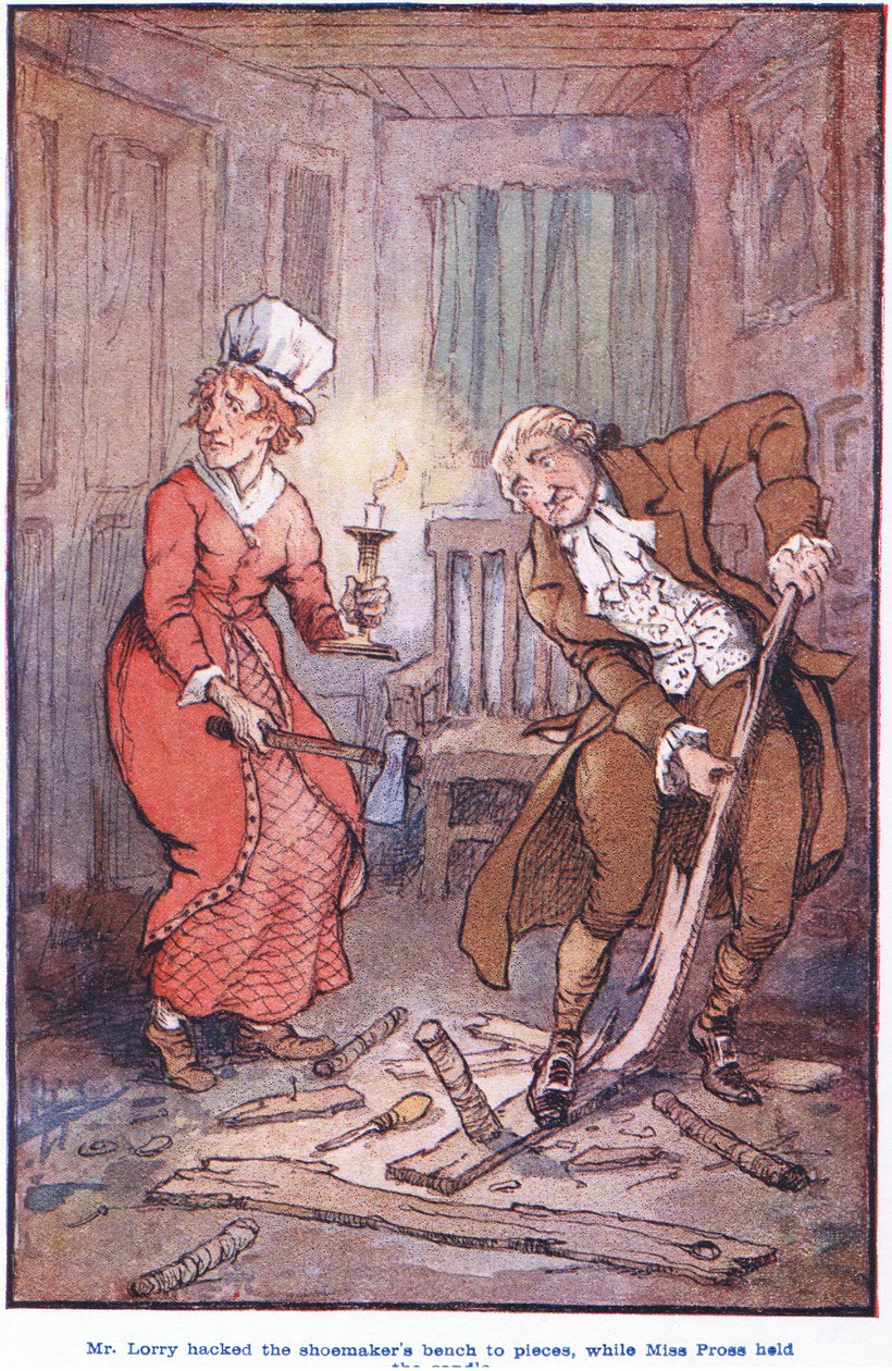 Mr. Larry huggede skomagerbænken i stykker, mens Miss Pross holdt stearinlyset af F. M. B. Blaikie