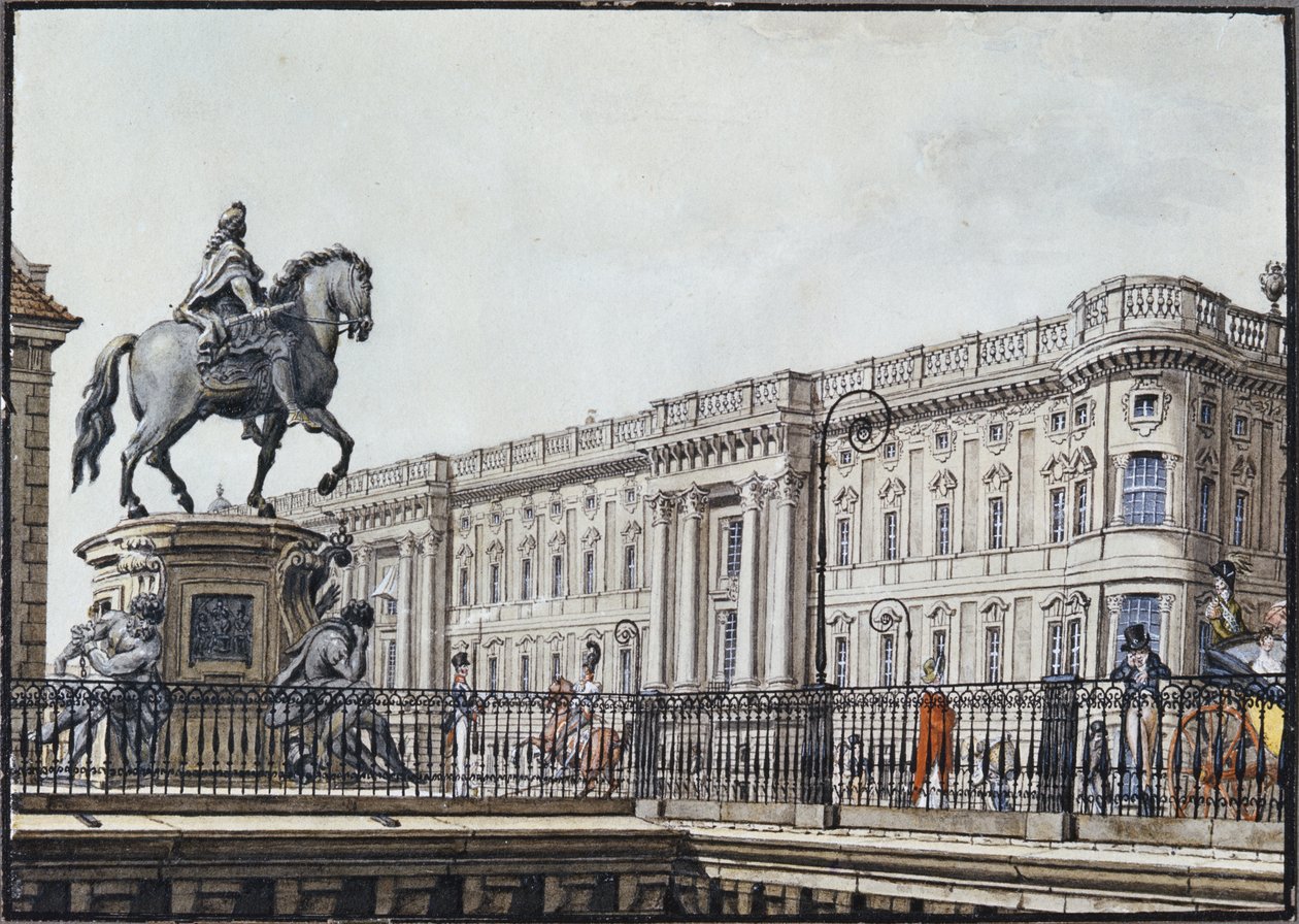 Den lange bro med et aristokratisk monument (pen og blæk og wc på papir) af F.A. Calau