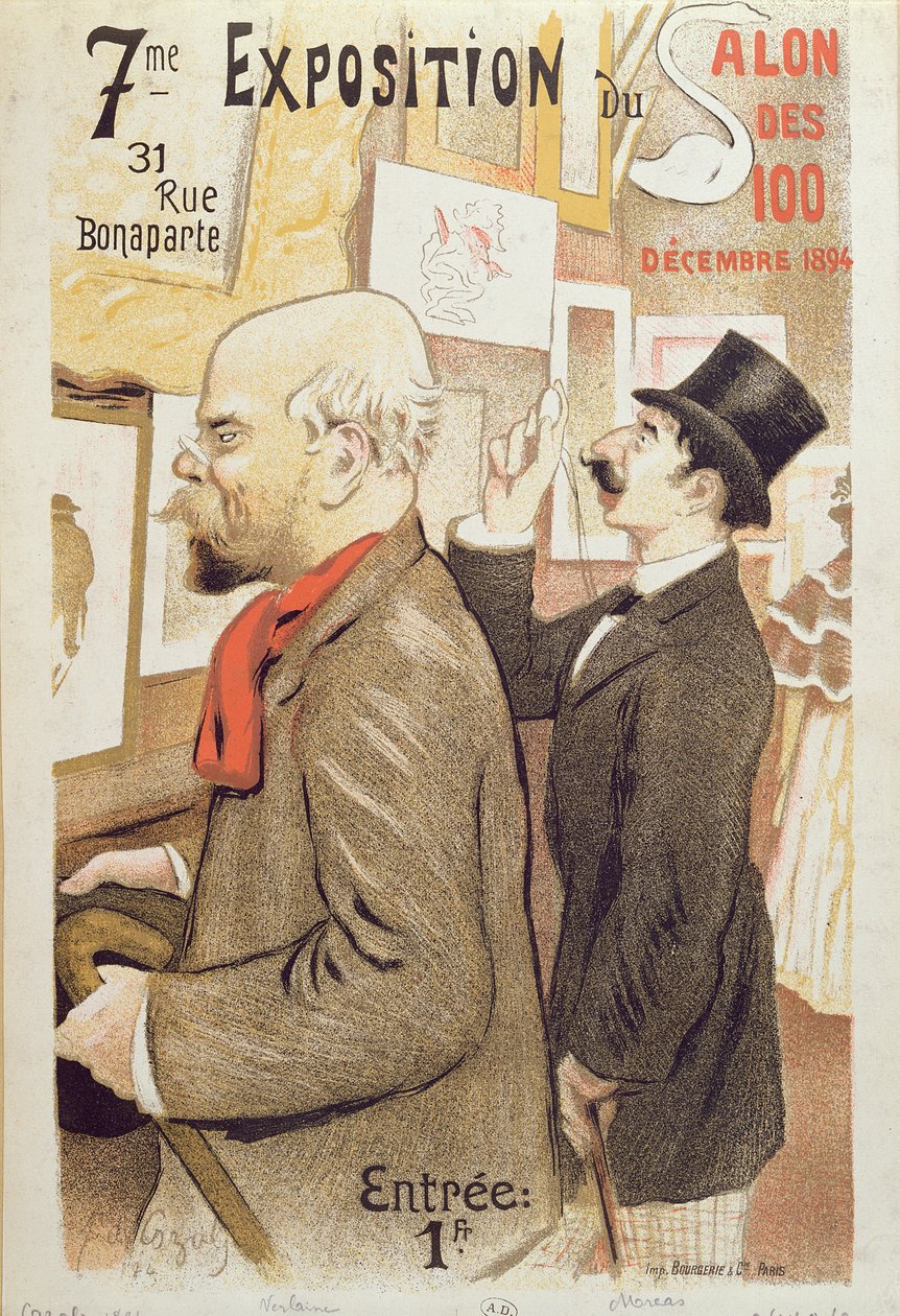 Plakat, der reklamerer for "7th Exhibition of the Salon des 100", med Paul Verlaine (1844-96) og Jean Moreas (1856-1910) på Salon des 100, 1894 af F.A. Cazals