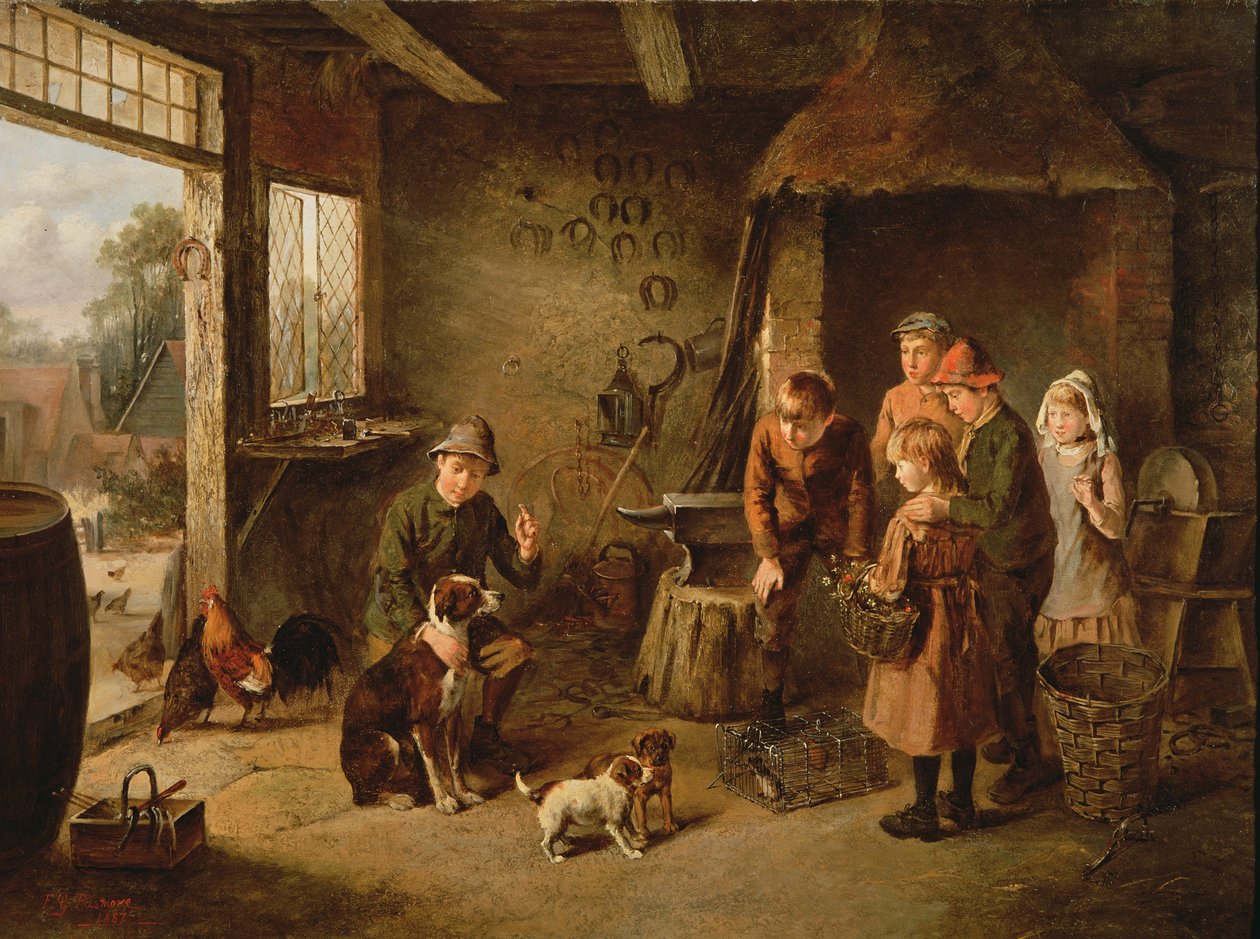 En dag i smedjen, 1887 af F.G. Pasmore