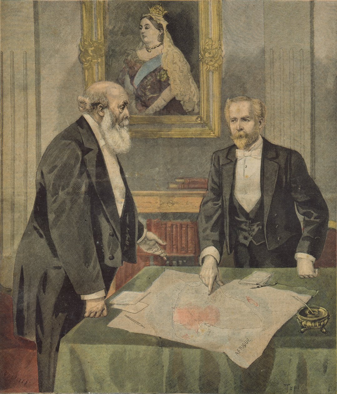 Anglo-fransk konvention underskrevet i London af Paul Cambon (1843-1924), den franske ambassadør, og Lord Salisbury (1830-1904) den britiske premierminister, fra Le Petit Journal, 9. april 1899 (farvet en af F.L. and Tofani, Oswaldo Meaulle