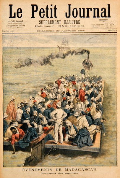 Begivenheder i Madagaskar: Repatrieringen af franske tropper, illustration fra Le Petit Journal, 20. januar 1896 (farvestik) af F.L. and Tofani, Oswaldo Meaulle