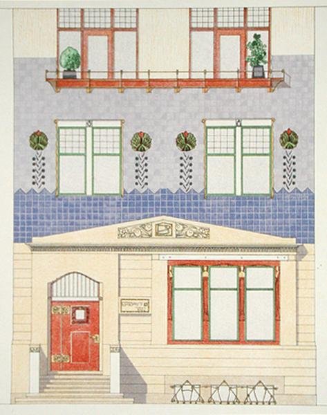 Design til facaden på et tysk byhus, begyndelsen af 1900-tallet, fra "Documents Architecture Moderne" (farvelitografi) af F.W. Jochem