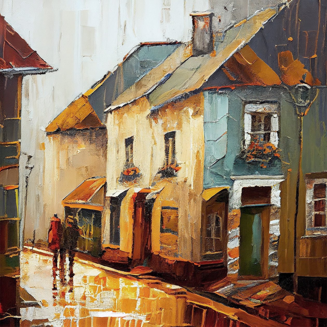 A Country Village Street, abstrakt maleri på lærred, kunsttryk til væggen af F. Abderrahim