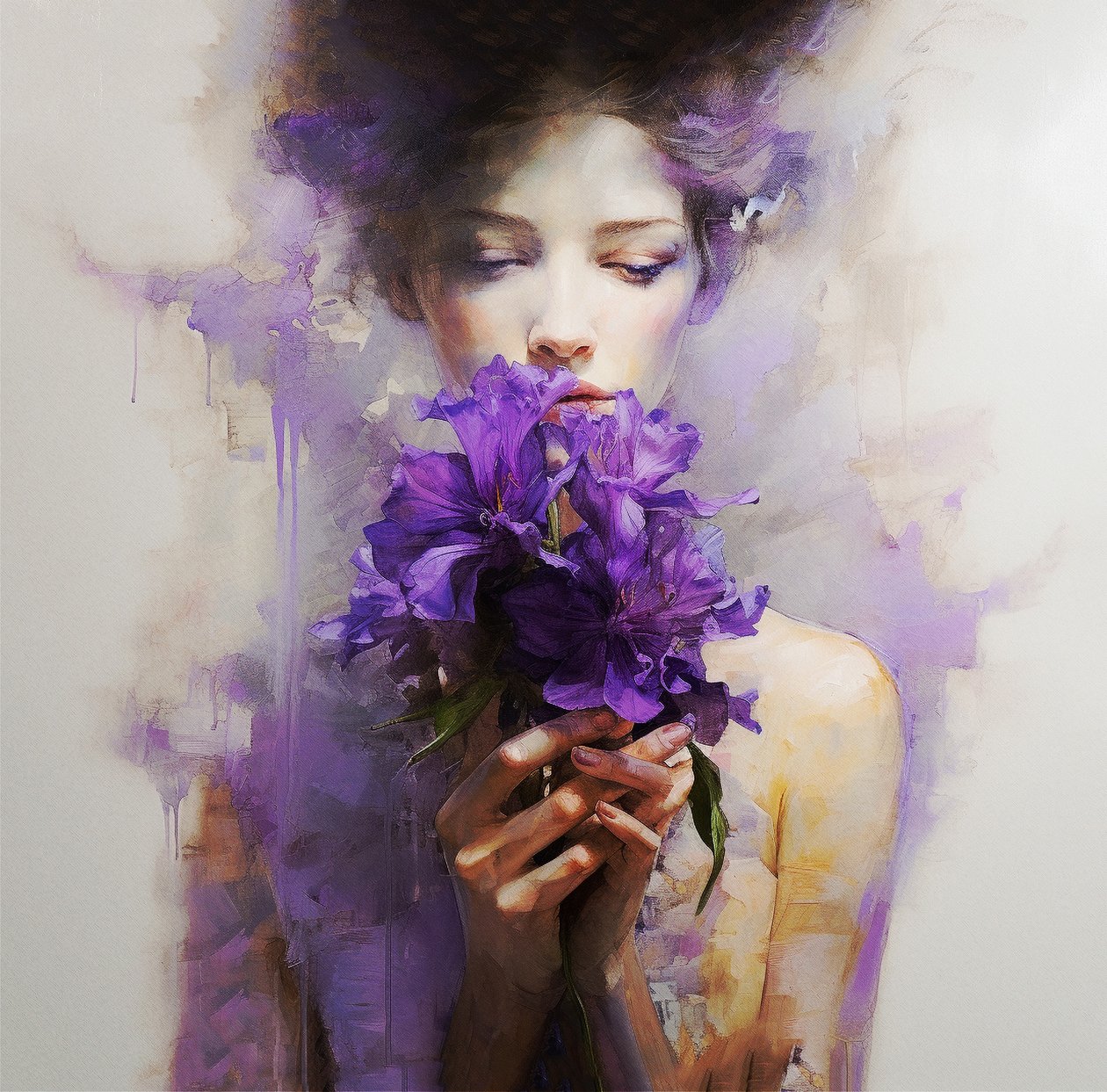 En smuk kvinde bærer abstrakte lilla blomster, Wall Art | Canvas Prints af F. Abderrahim