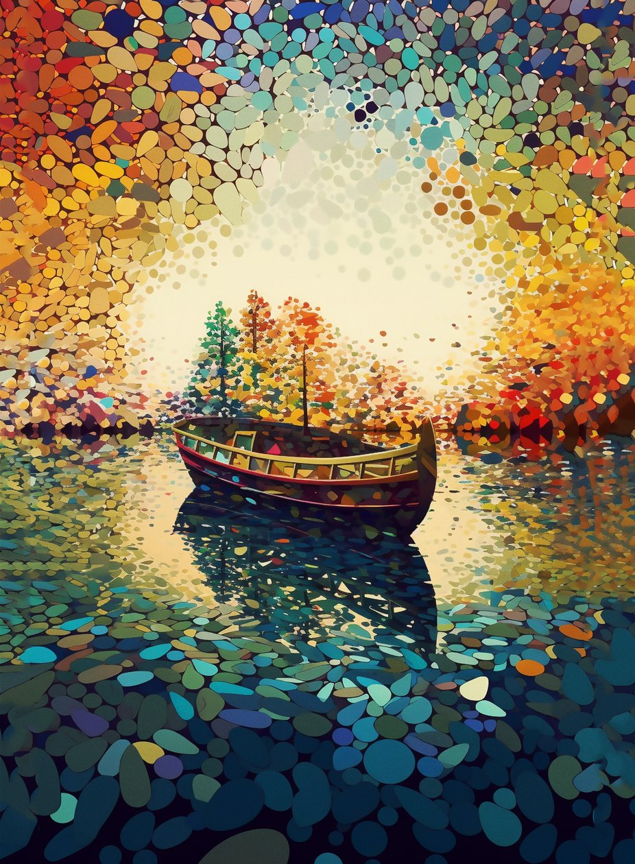 En båd på en sø kalejdoskopisk, kalejdoskop kunst print, væg kunst print af F. Abderrahim