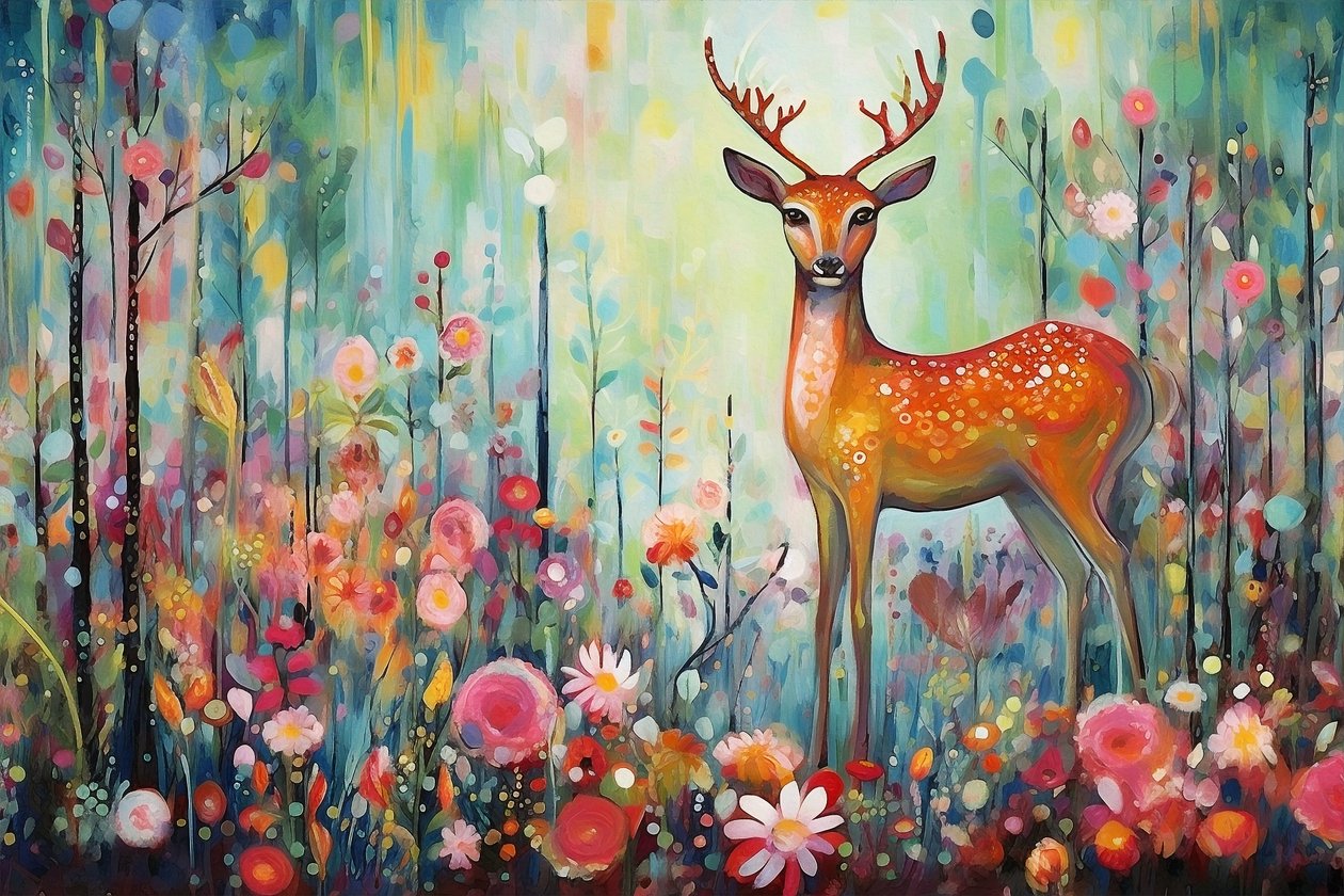 Et hjortedyr i naturen og blomster, lyse farver, indrammede vægbilleder af F. Abderrahim