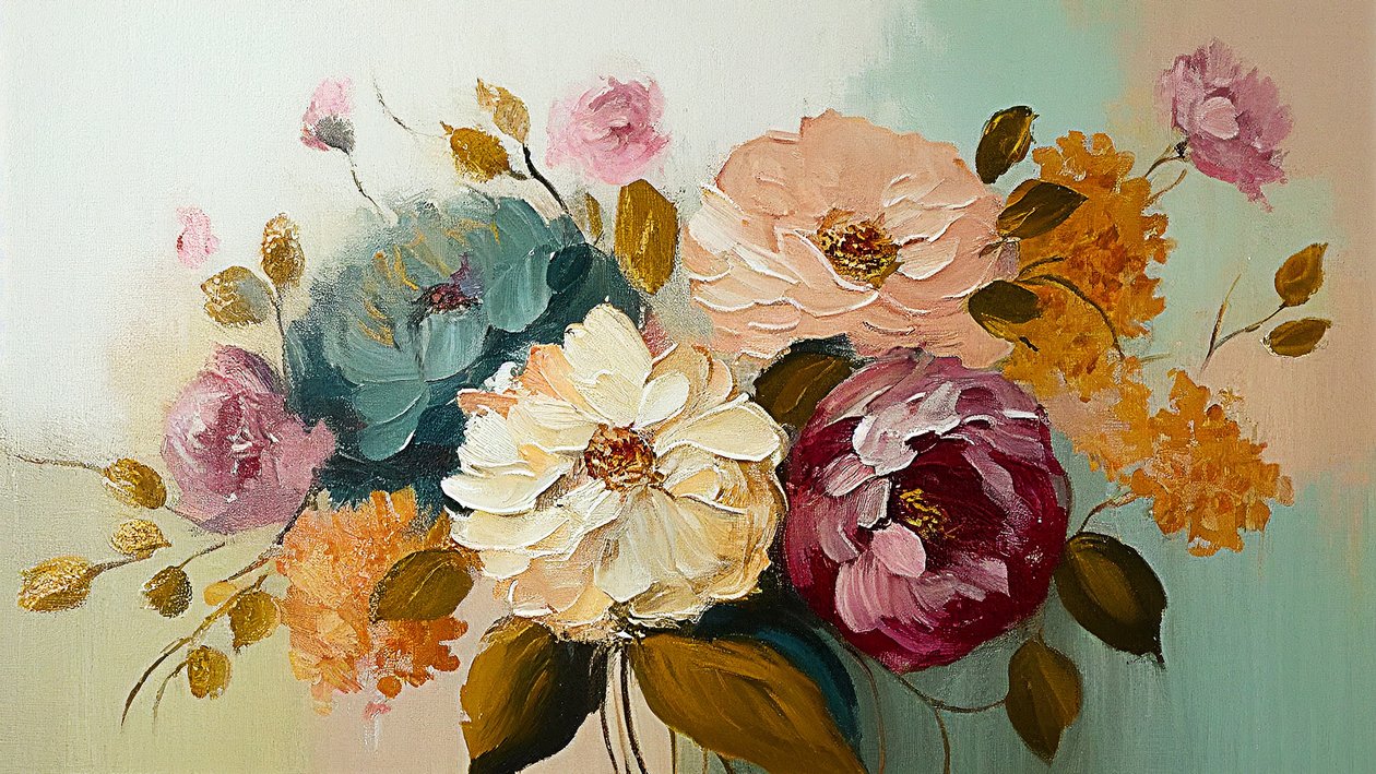 Abstrakt vintage blomstermaleri, vandret lærredstryk på forespørgsel af F. Abderrahim